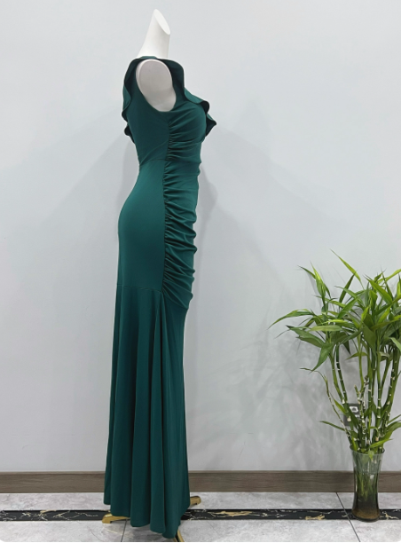 Elegant Deep Emerald Green Mermaid One-Shoulder Ruffled Slit Satin Long Prom Dress Evening Dress P4337