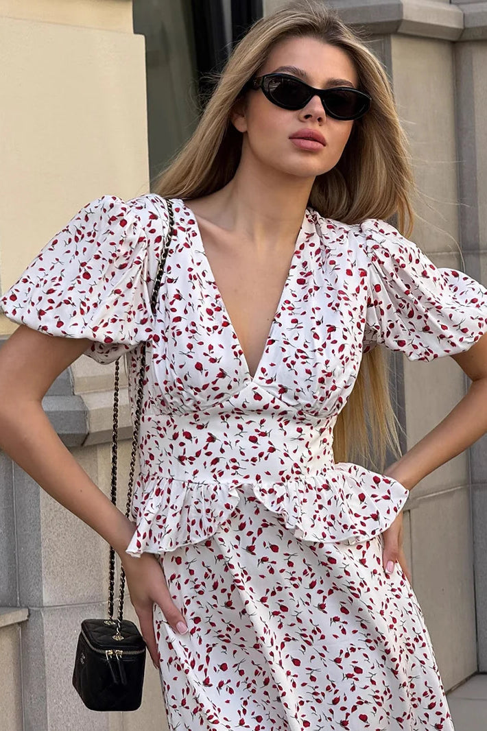 Printed V Neck Puff Sleeve Waist Maxi Dress
