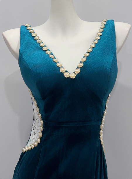 Vintage Deep Peacock Blue Mermaid V-Neck Pearl Slit Velvet Long Prom Dress Evening Dress P4338