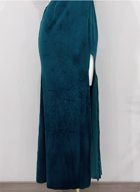 Vintage Deep Peacock Blue Mermaid V-Neck Pearl Slit Velvet Long Prom Dress Evening Dress P4338