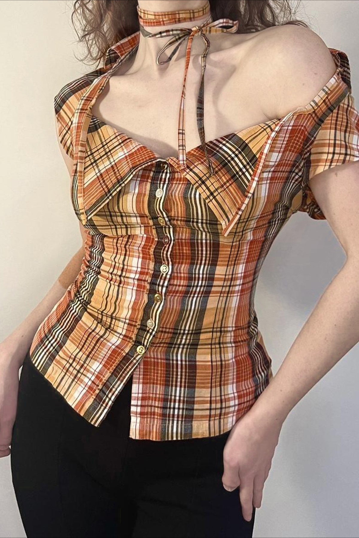 Plaid Fitted Waist Tie Neck Short Button Front Blouse