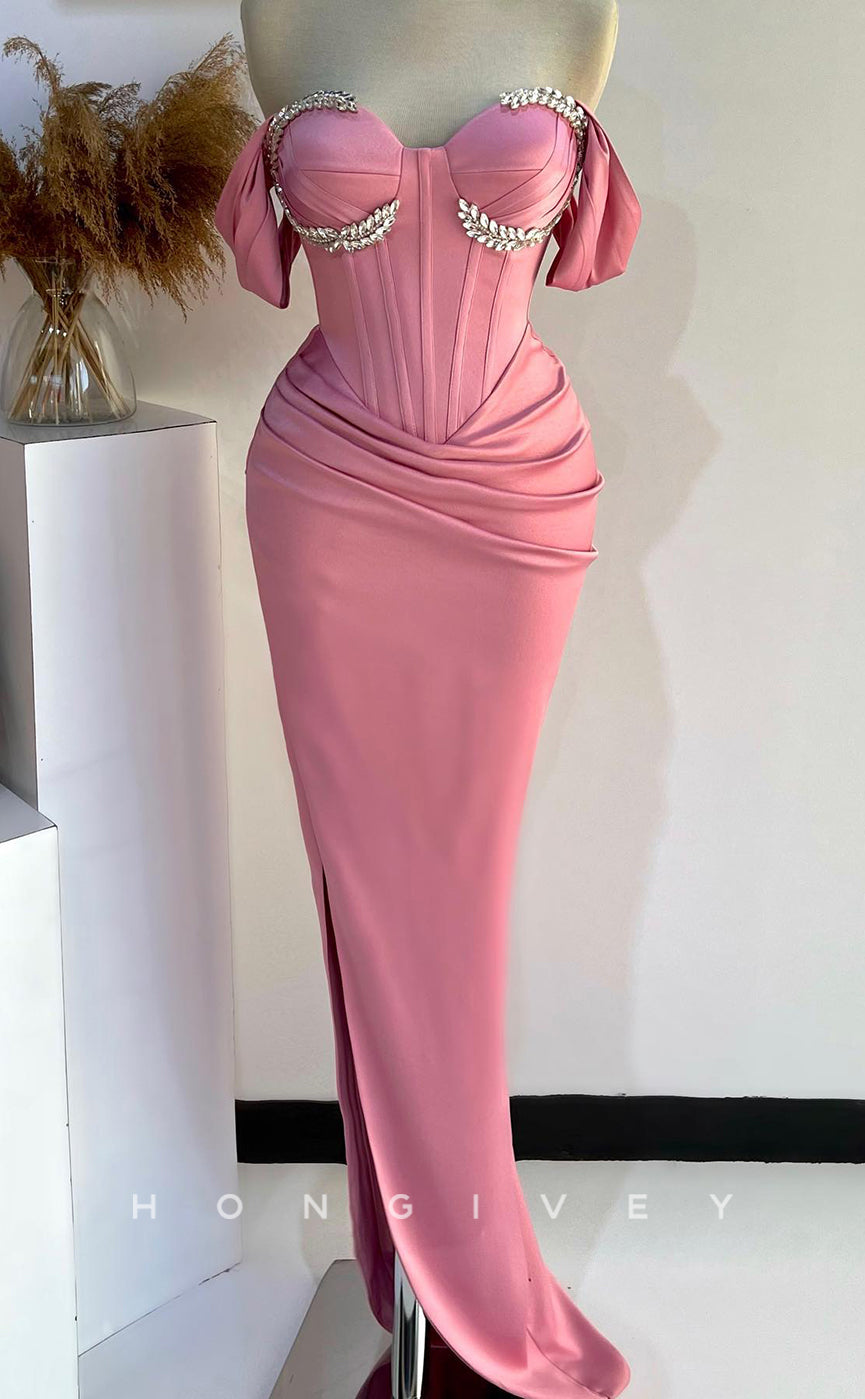 L2781 - Sweetheart Off-Shoulder Beaded Ruched With Side Slit Party Prom Evening Dress - Fashionpara