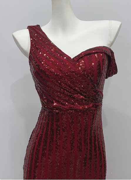 Glamorous Burgundy Slim-Fit One-Shoulder Slit Sequin Long Prom Dress Evening Dress P4339