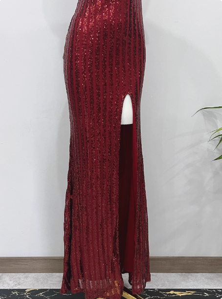 Glamorous Burgundy Slim-Fit One-Shoulder Slit Sequin Long Prom Dress Evening Dress P4339