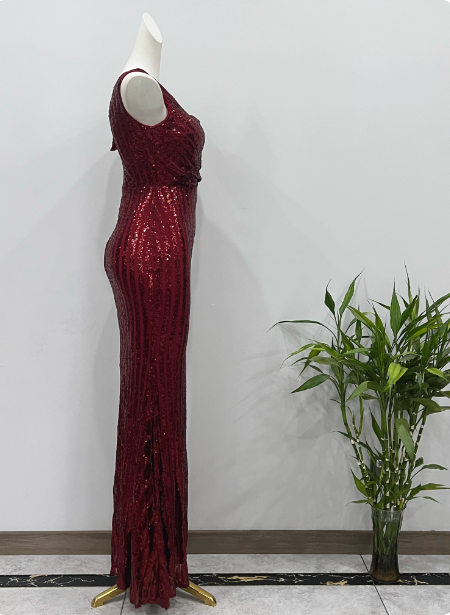 Glamorous Burgundy Slim-Fit One-Shoulder Slit Sequin Long Prom Dress Evening Dress P4339