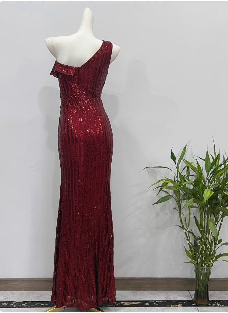 Glamorous Burgundy Slim-Fit One-Shoulder Slit Sequin Long Prom Dress Evening Dress P4339