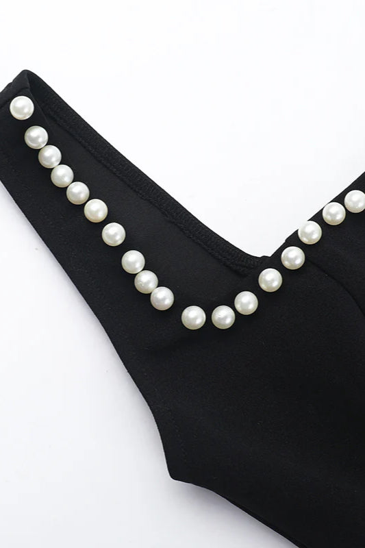 Pearl Trim Square Neck Party Dress
