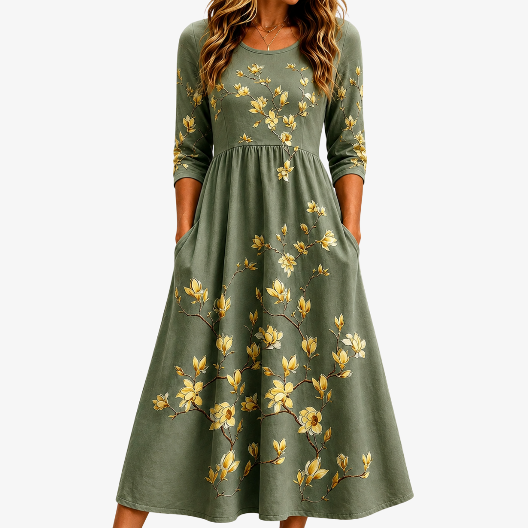 Floral Print Round Neck Half Sleeve Pocket A-Line Midi Dress