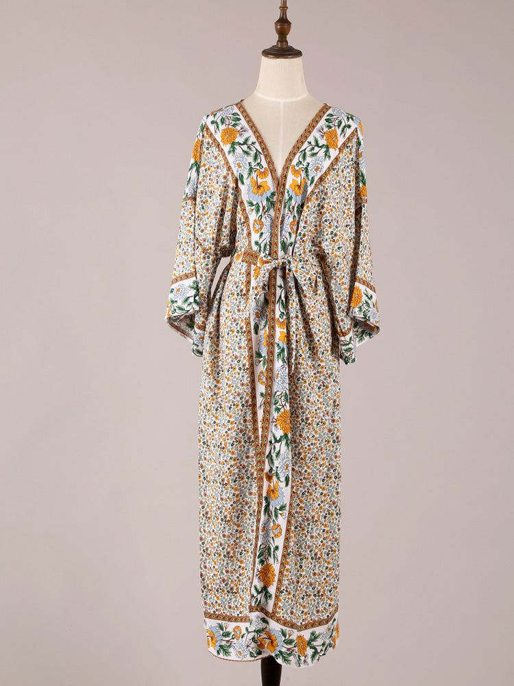 Beachwear Floral Cotton Kimono Beige Color Long Gown Robe Kimono Duster Robe - Fashionpara