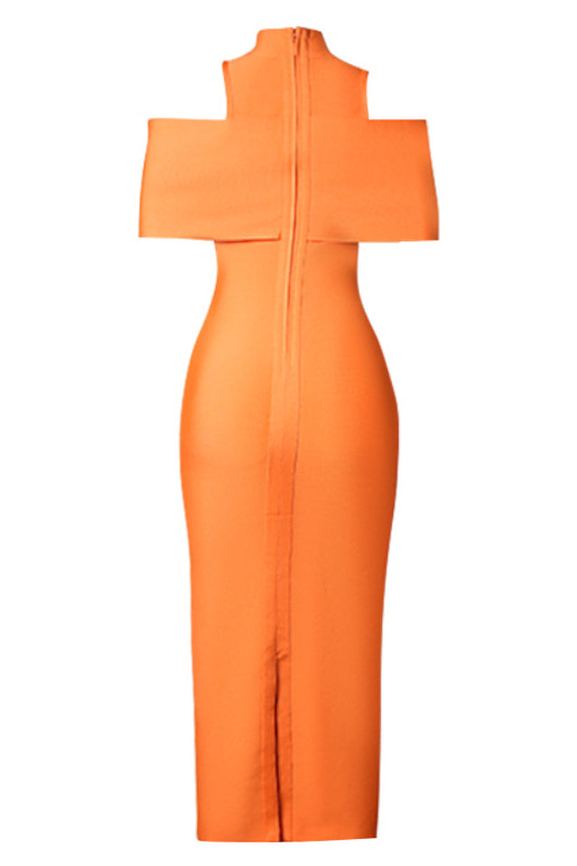 Cold Shoulder High Neck Foldover Bodycon Midi Dress