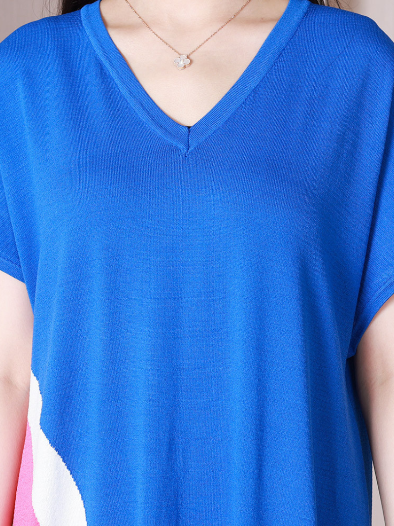 Colourblock V-Neck Short Sleeve Knit Midi Dress 2