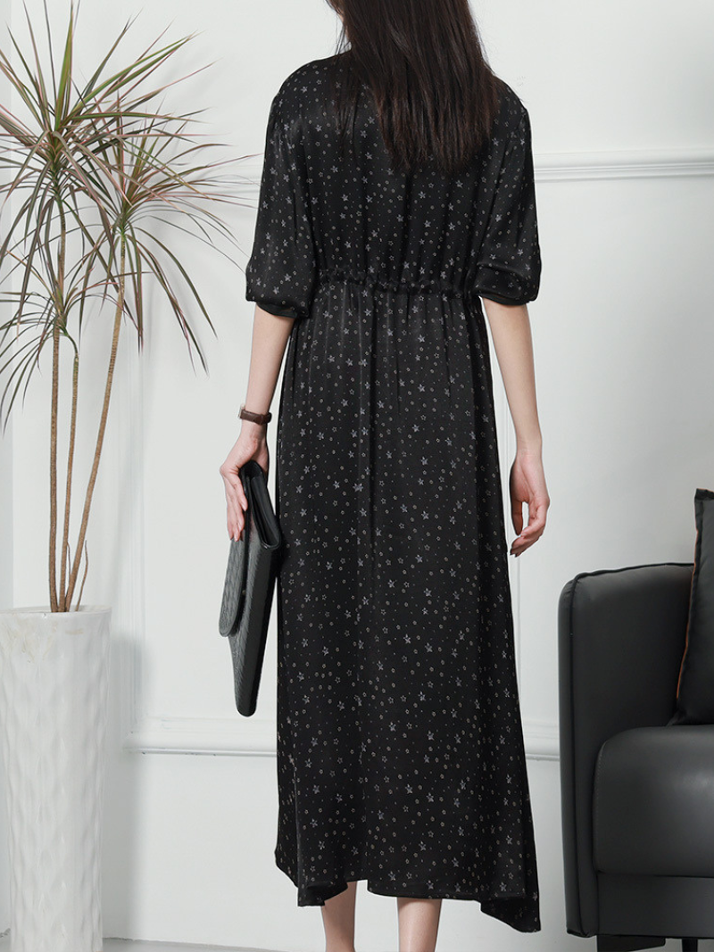 Star Print Round Neck Long-Sleeve Drawstring Waist Maxi Dress 4
