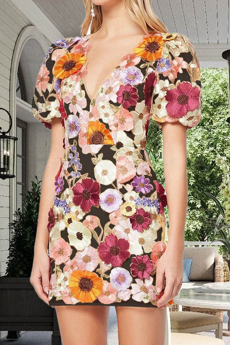 3D Lace Flower V-neck Puff Sleeve Mini Dress - Fashionpara