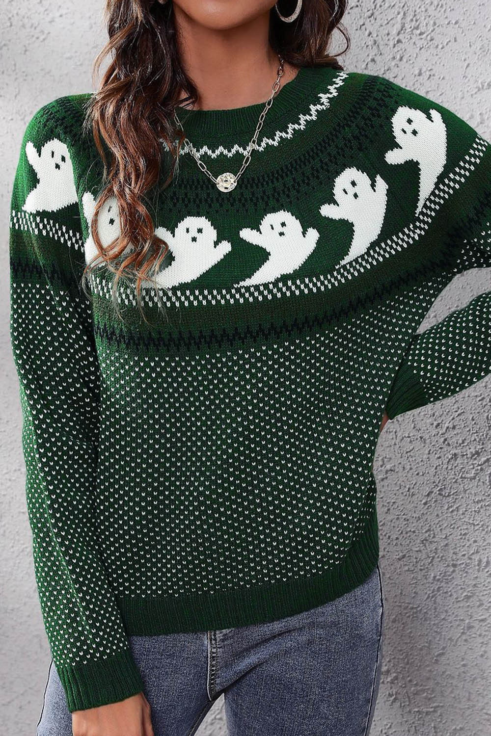 Halloween Ghost Retro Polka Dot Long Sleeve Knitted Sweater - Fashionpara