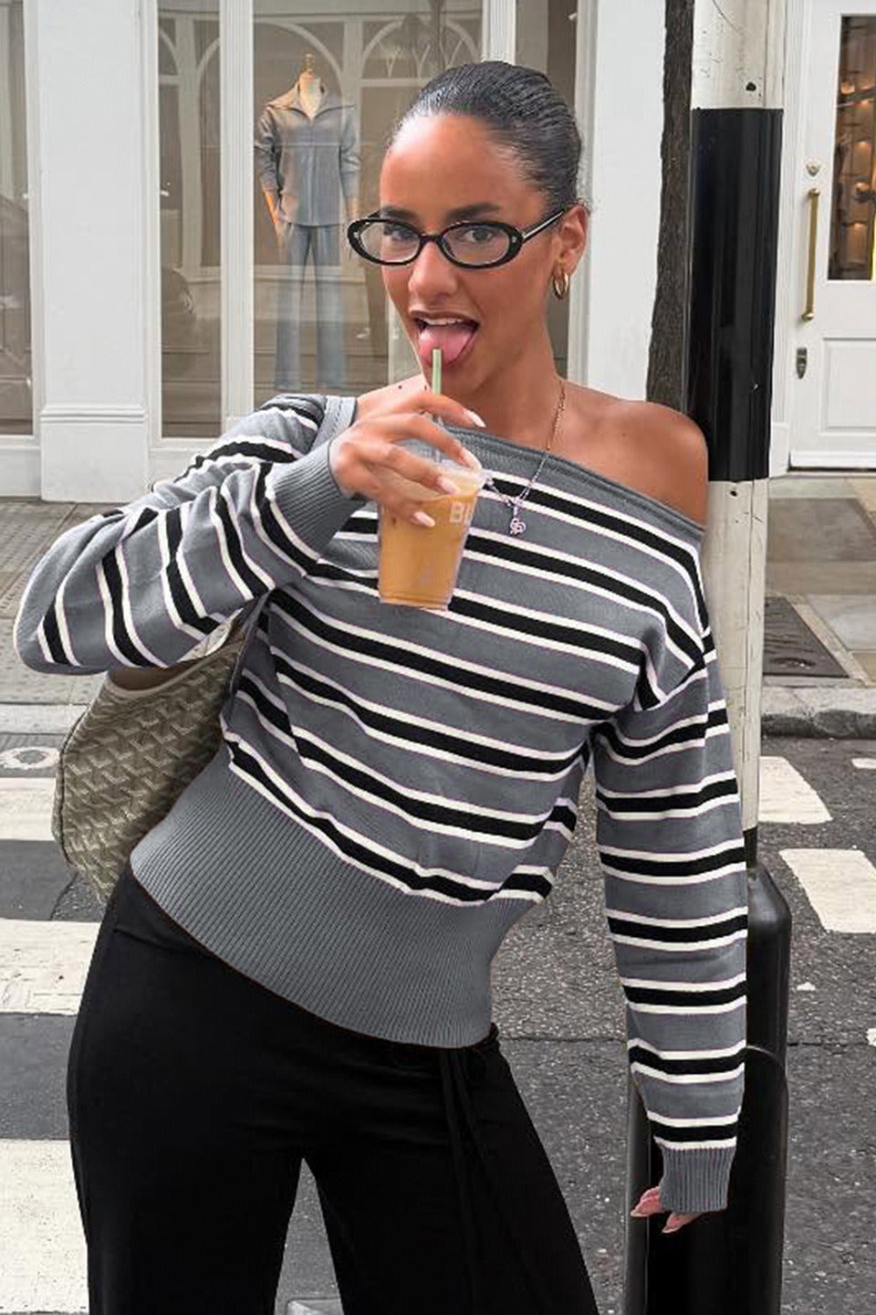 PrincessAce Off Shoulder Striped Long Sleeve Sweater