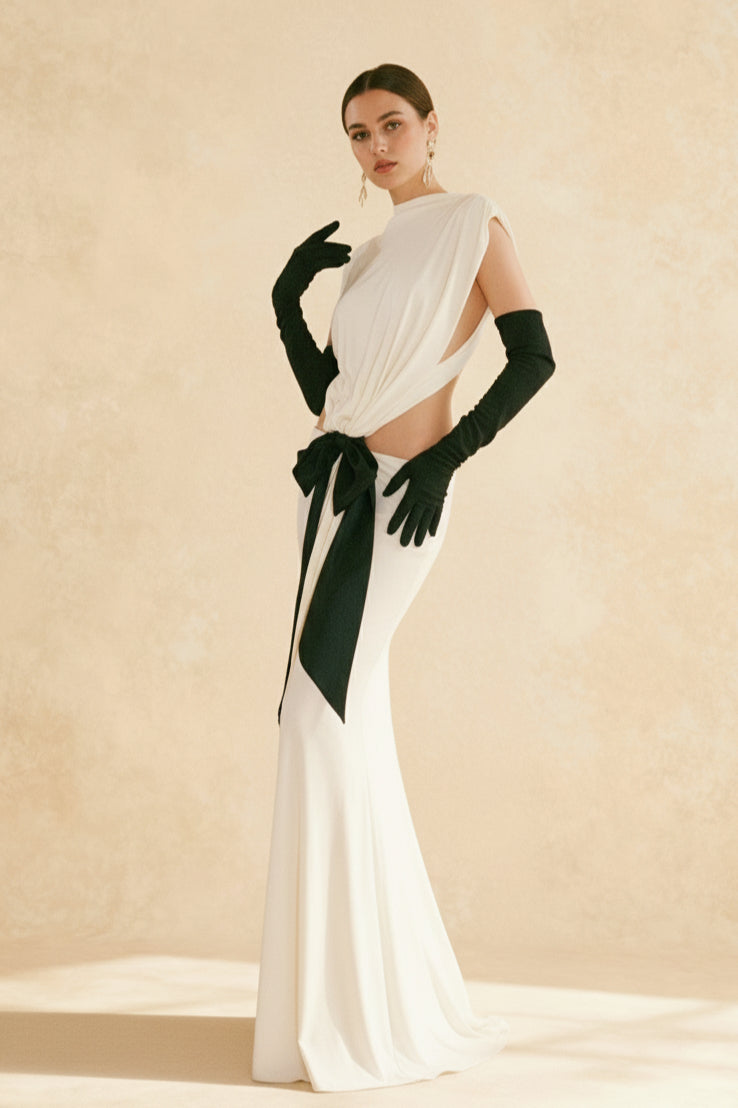 Bows Tassel Pleated Waistless Maxi Dress