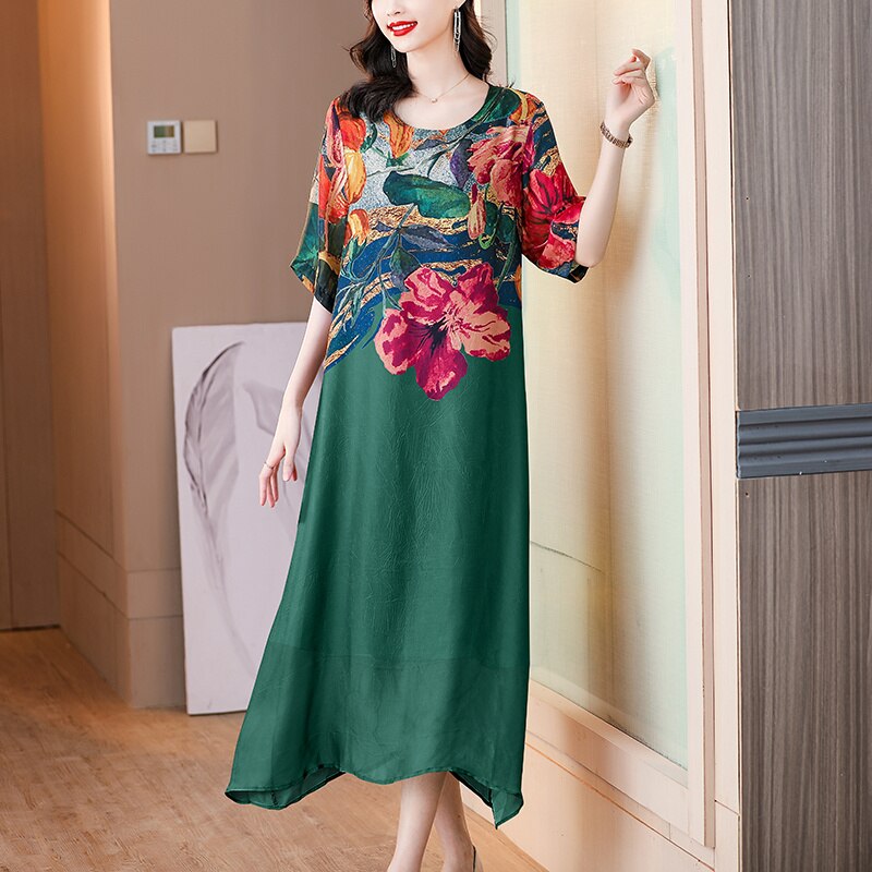 Floral Print Color Block Short Sleeve Loose Midi Dress