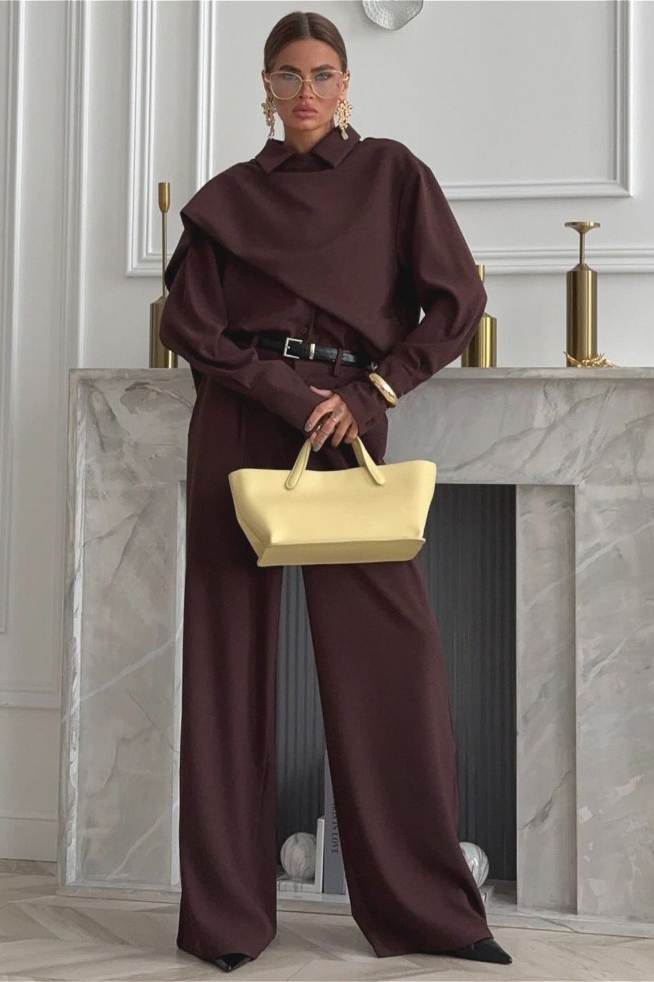 Vintage Chic Lapel Scarf Top & Wide Leg Pants Two Piece Set