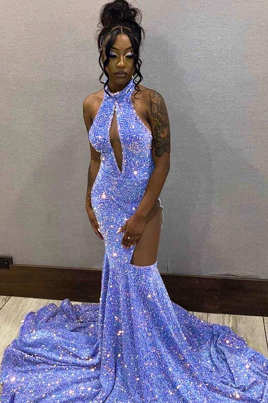 Elegant Halter Sequin Lavender Keyhole Mermaid Prom Party Dresses with Cutouts - Fashionpara