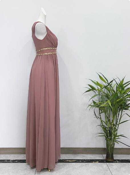Elegant Dusty Pink A-Line Spaghetti Strap V-Neck Chiffon Long Prom Dress Evening Dress P4340