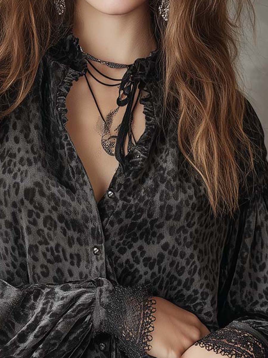 Smoky Gray Bohemian Romantic Velvet Leopard Print Shirt - Fashionpara