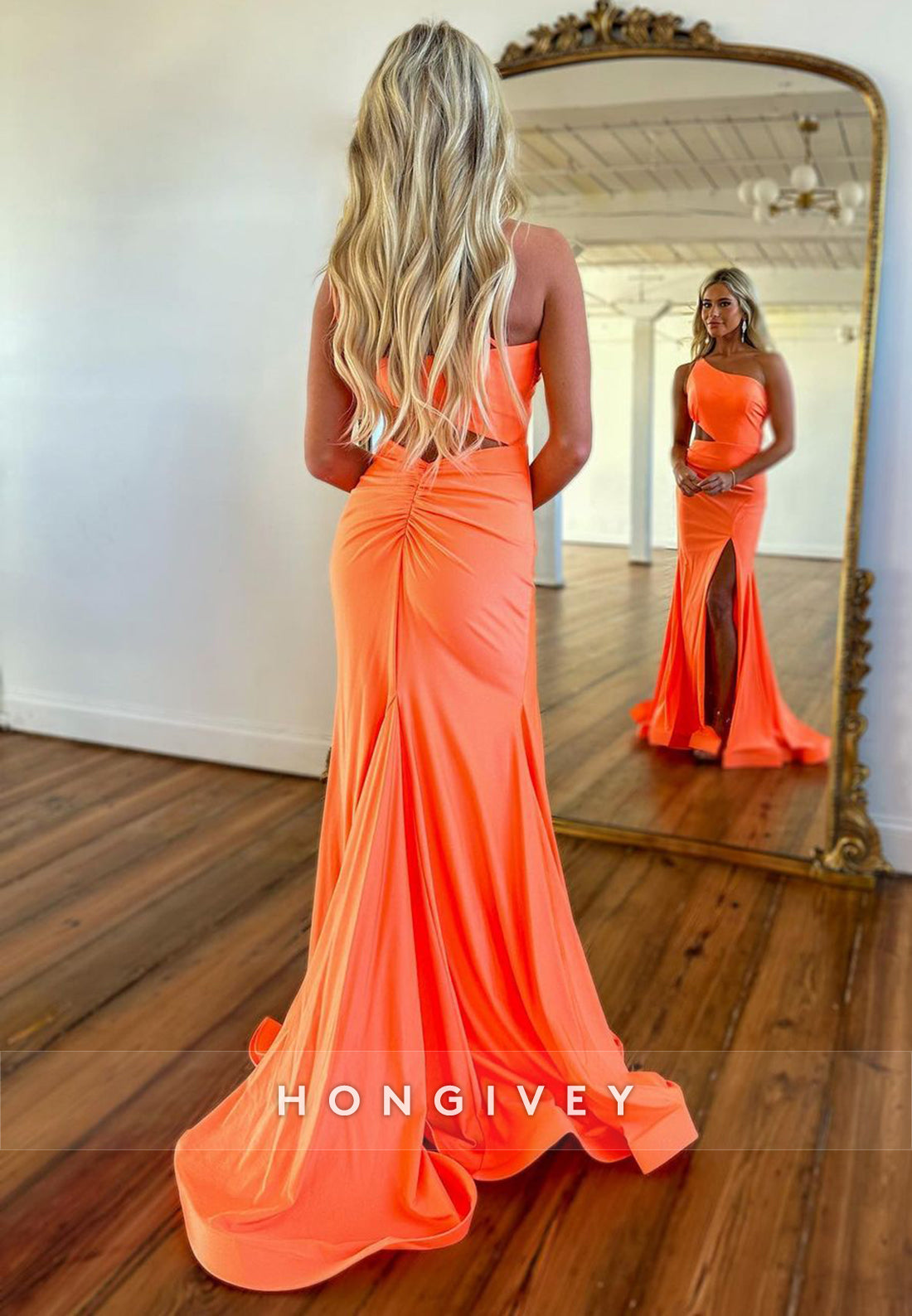 L1068 - Sexy One Shoulder Cutout With Train And Slit Formal Party Prom Evening Dress - Fashionpara
