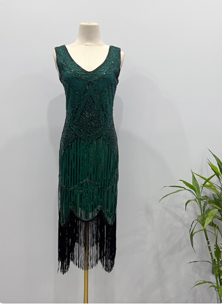Vintage Royal Blue / Emerald Green Slim-Fit Spaghetti Strap Fringe Sequin Midi Prom Dress Evening Dress P4341