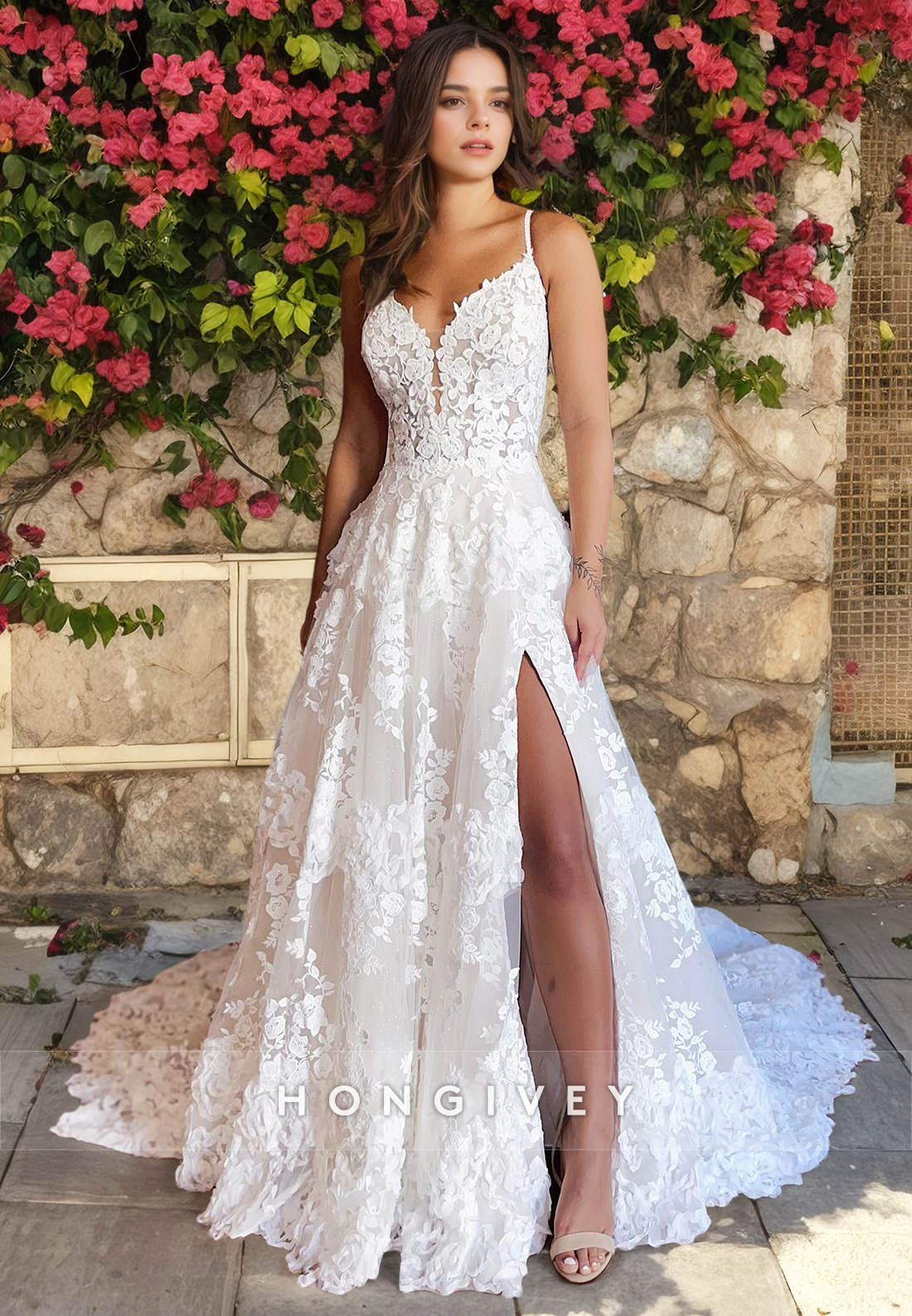 Elegant A-Line V-Neck Spaghetti Straps With Side Slit Lace Wedding Dress
