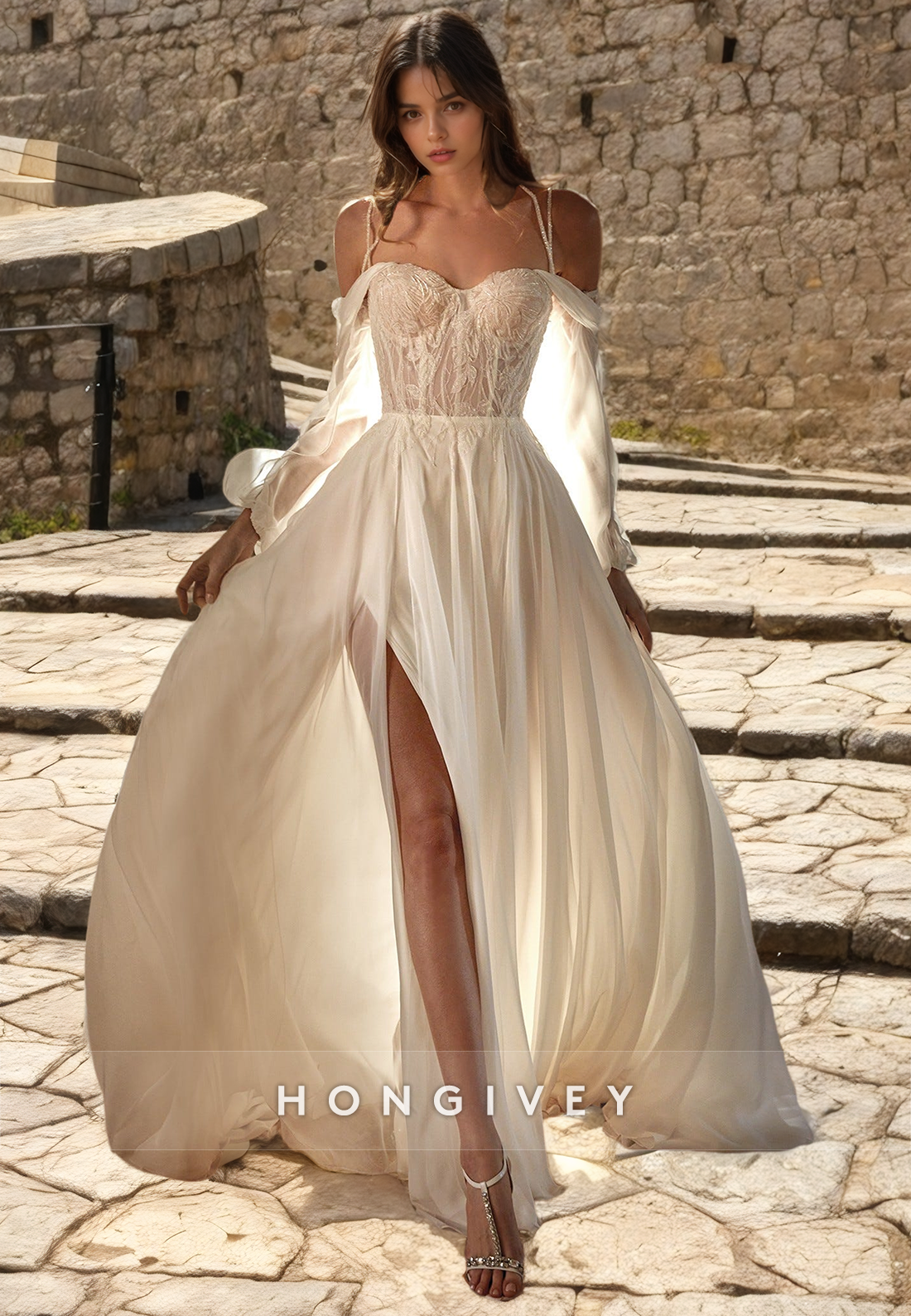 Sheer A-Line Sweetheart Spaghetti Straps Lace Applique High Slit Wedding Dress