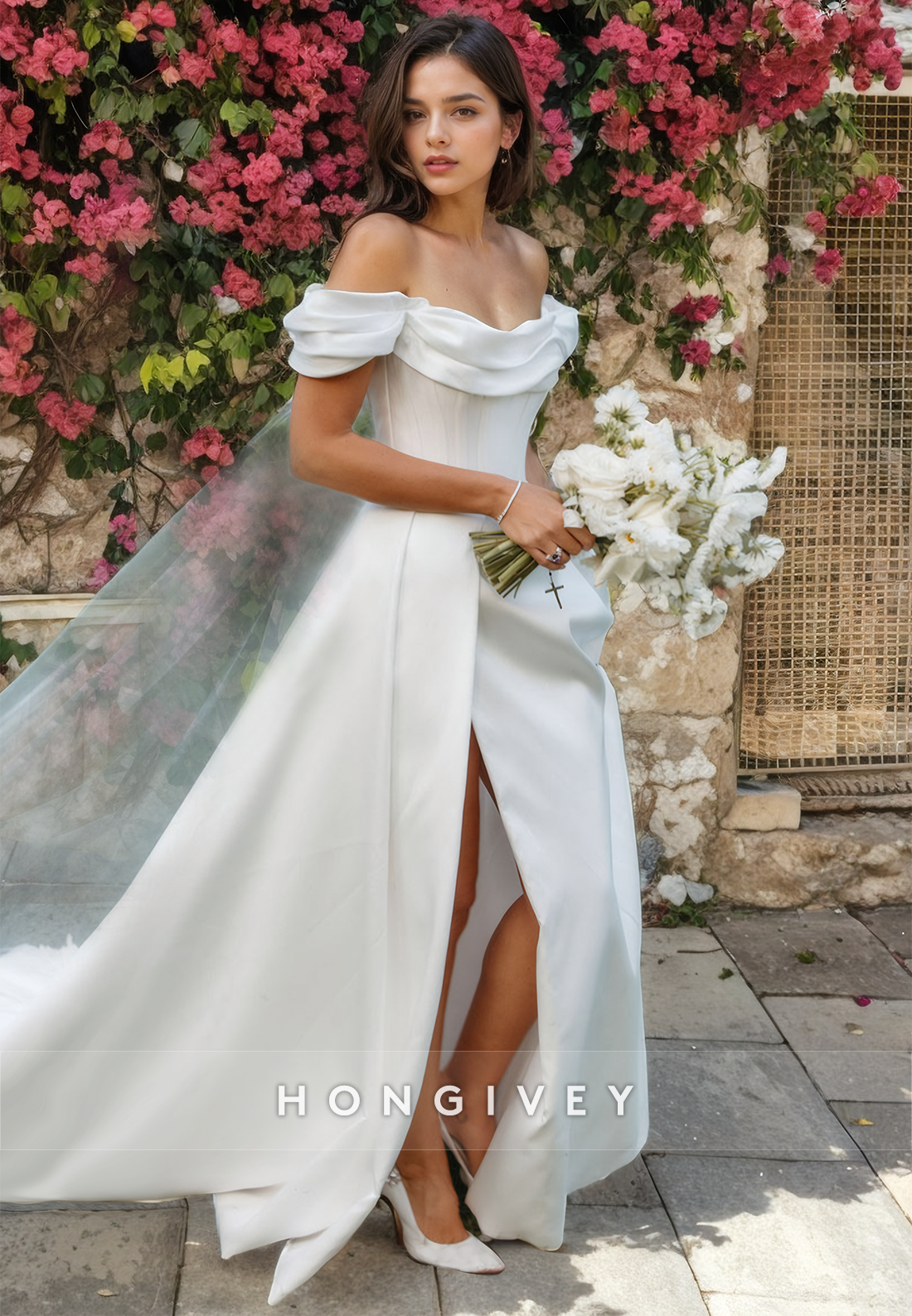 Satin A-Line Off-Shoulder Sleeveless  With Side Slit Wedding Dress
