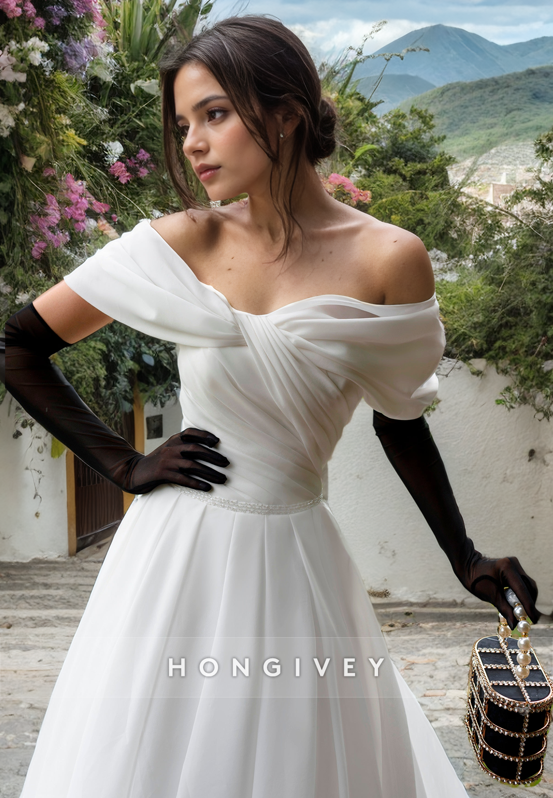 Classical/Sexy Off-Shoulder Empire Ruched With Train Long Boho/Beach Wedding Dress