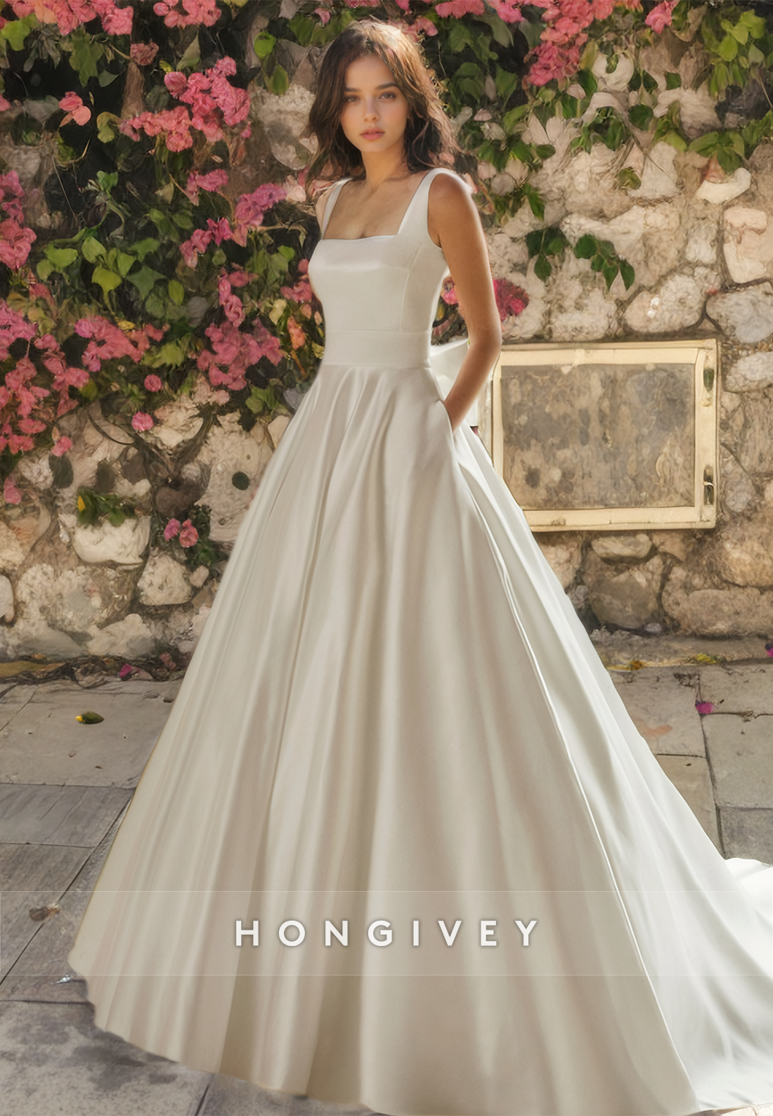 Square A-Line Satin Wedding Dress Classic Sleeveless Bridal Gown with Train