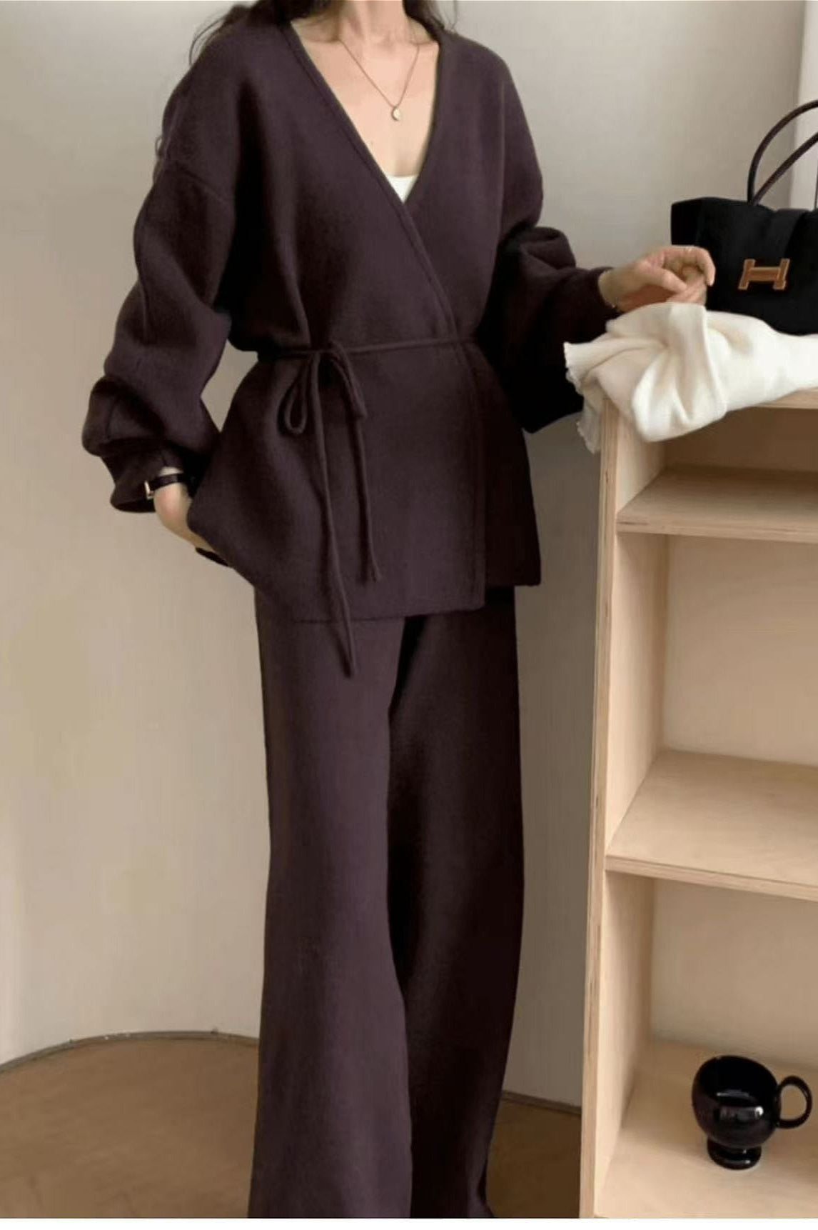 Chic PrincessAce Loose Belted Cardigan and Wide-Leg Pants Set