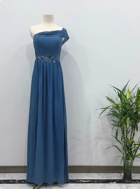 Elegant Dusty Blue One-Shoulder Chiffon Prom Dress Evening Dress Bridesmaid Dress P4342