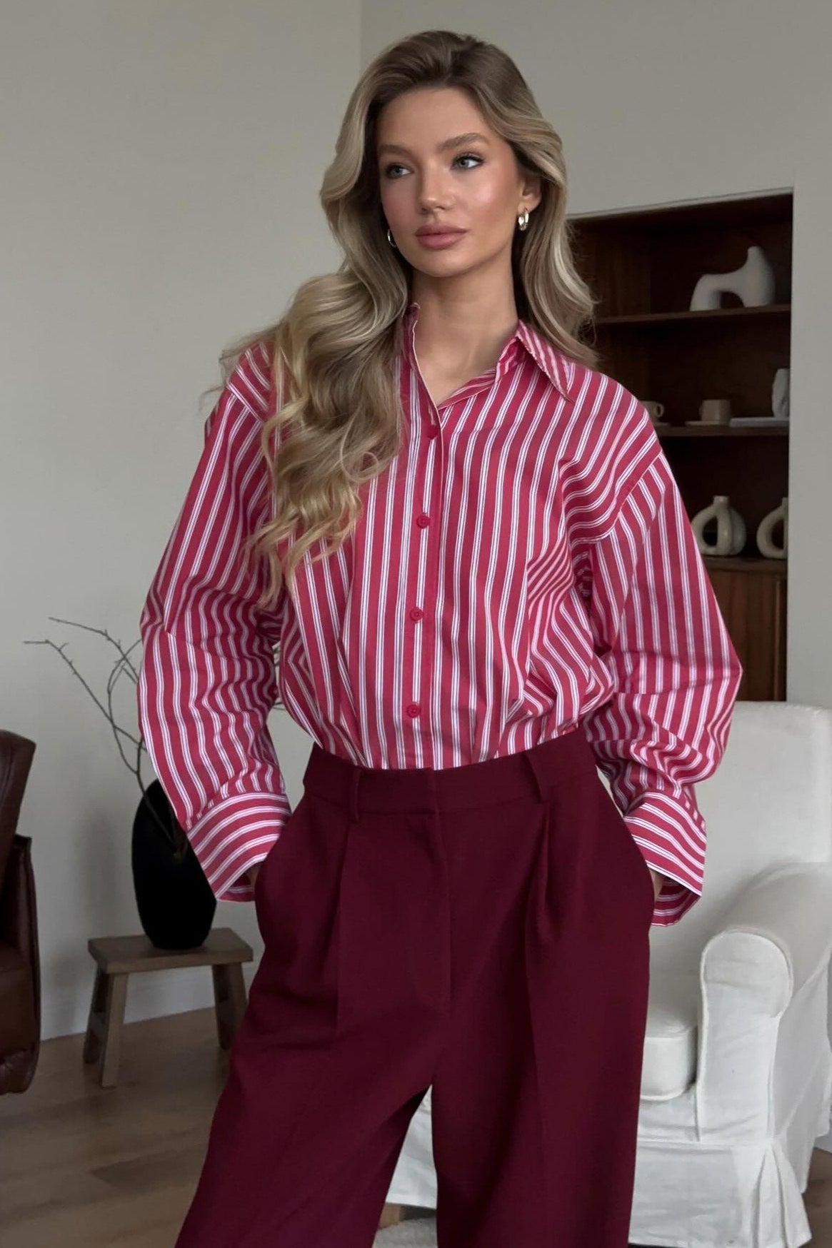 Red Striped Long Sleeve Distinctive British Blouse