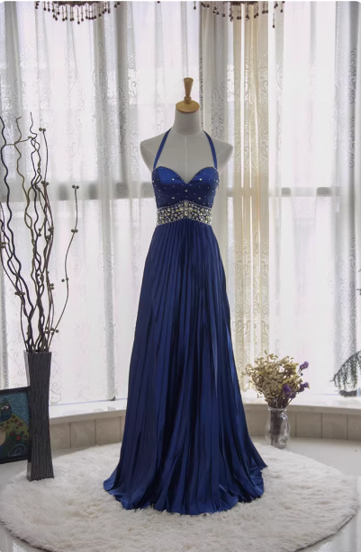 Vintage Royal Blue A-Line Halter Neck Rhinestone Satin Long Prom Dress Evening Dress P4343