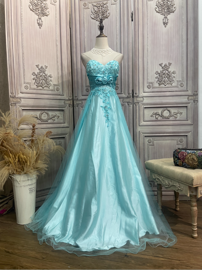 Vintage Mint Ice Blue A-Line Strapless 3D Floral Embroidery Satin Tulle Long Prom Dress Evening Dress P4344
