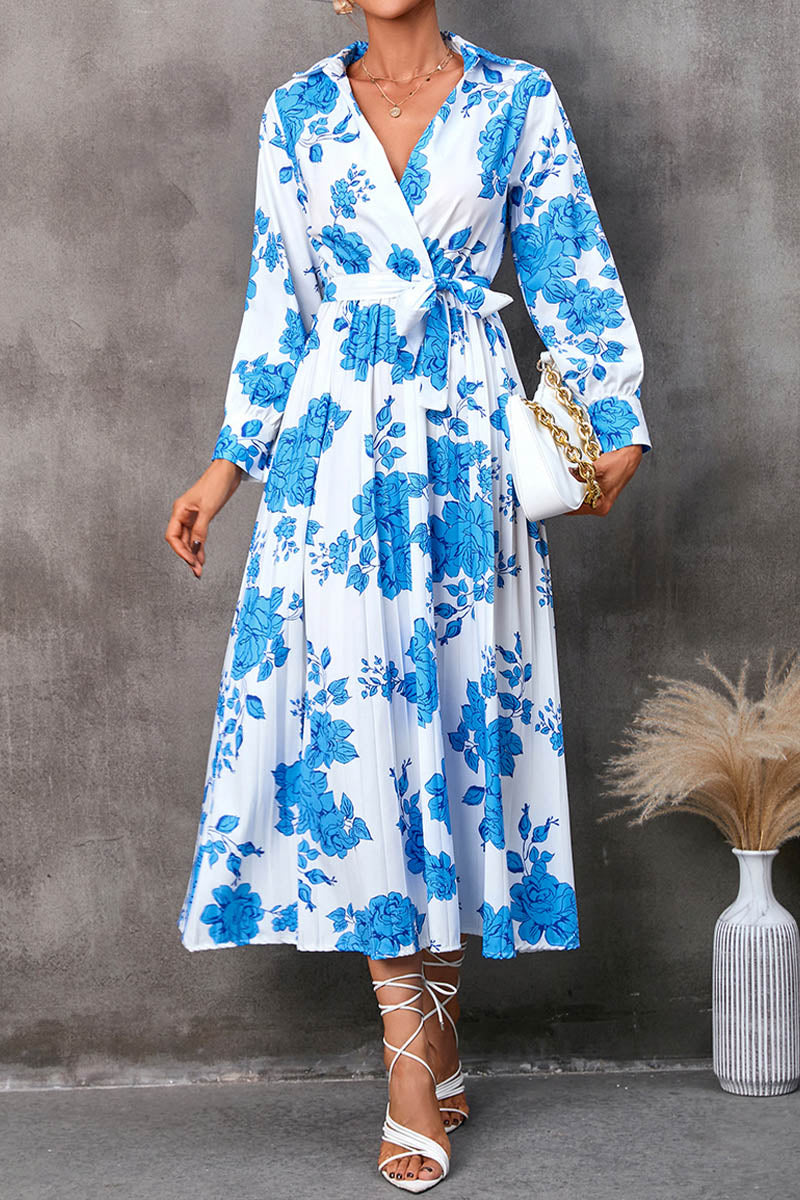 Spring and Autumn Printed Shirt V-Neck Tie Nine-Point Sleeve Midi Dress - Fashionpara
