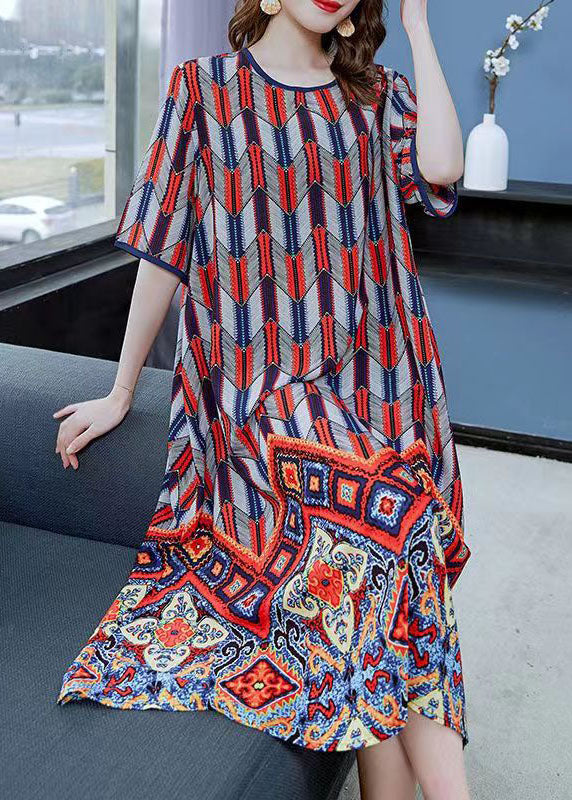 Geometric Chevron Print Ornate Border Short Sleeve Shift Midi Dress - View 3
