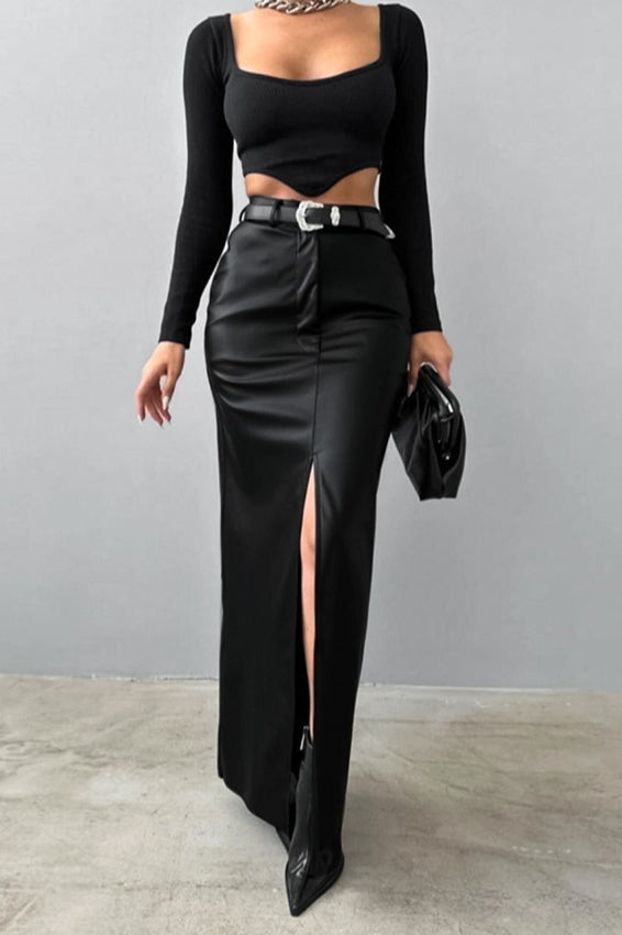 High-Waist Khaki PU Skirt