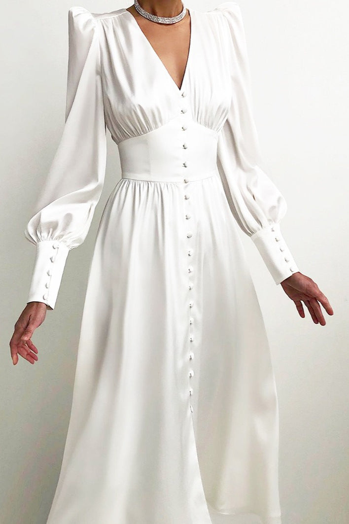 Vintage Satin Puff Sleeve Tailored Midi Dress
