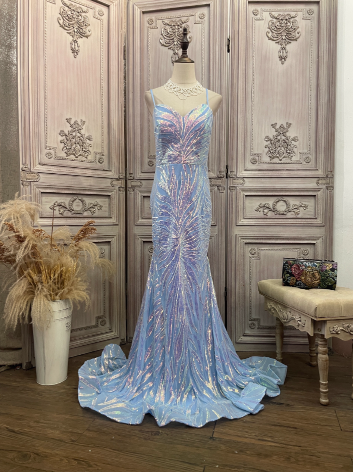 Dreamy Light Blue Ombre Mermaid Spaghetti Strap Iridescent Sequin Train Prom Dress Evening Dress P4347