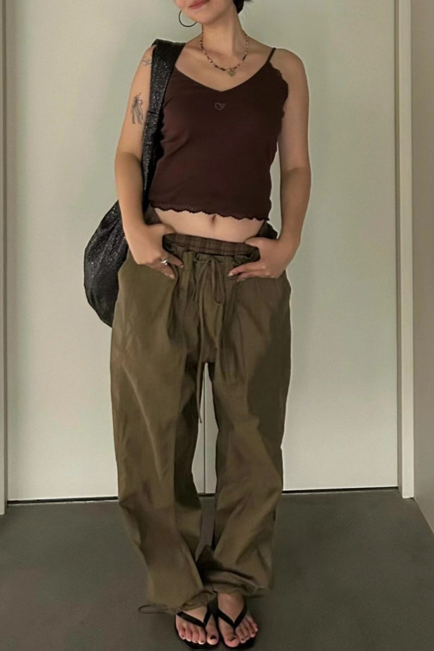 Color Block Plaid Elastic Double Waist Khaki Cargo Casual Pants