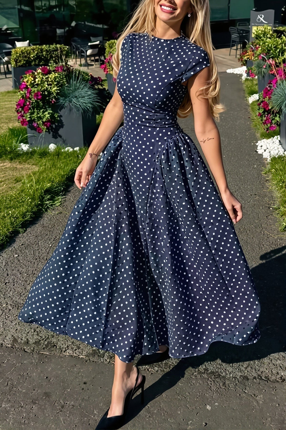 Polka Dot High Neck Cap Sleeve Ruched Maxi Dress