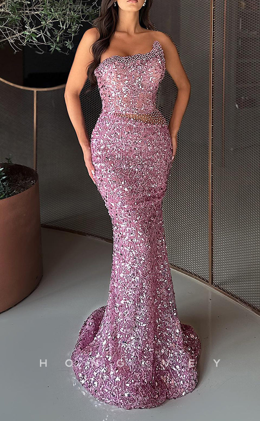 L2798 - Glitter Trumpet Strapless Beaded Party Prom Evening Dress - Fashionpara