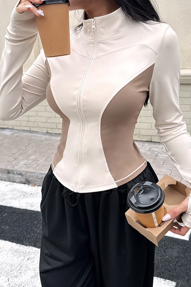 Stand Collar Zip Cardigan Slim Color Block Pilates Running Jacket