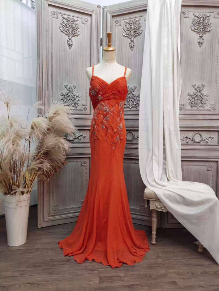 Elegant Orange Mermaid Spaghetti Strap Beaded Chiffon Long Prom Dress Evening Dress P4349