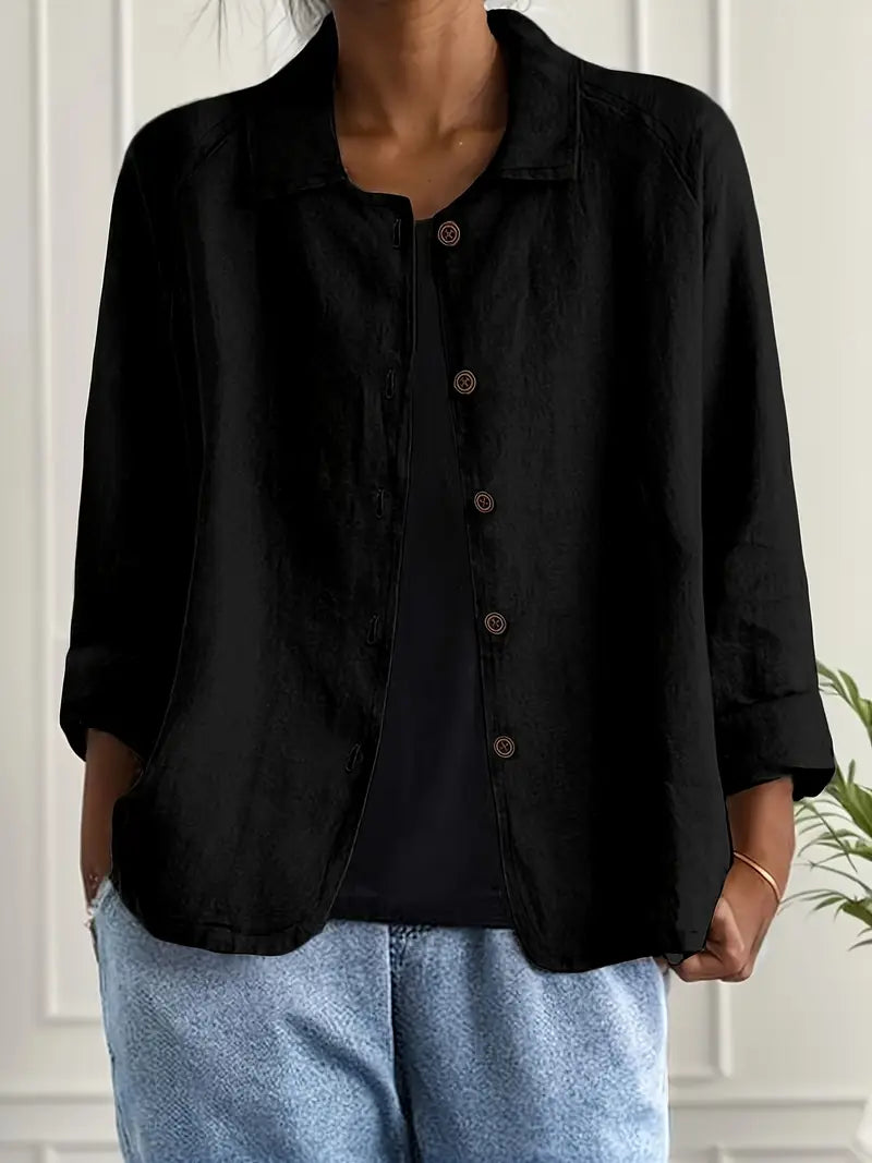 Collared Long Sleeve Button Front Linen Look Shirt 6