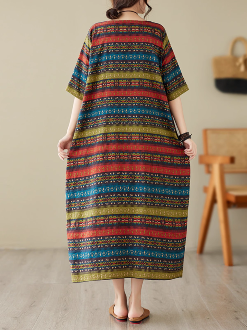 Striped Round Neck Short-Sleeve Shift Midi Dress 3