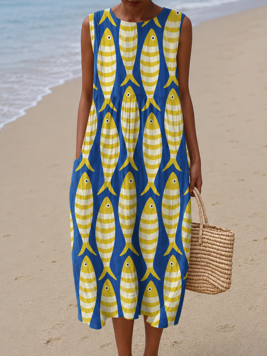 Fish Print Round Neck Sleeveless Pocket Midi Dress